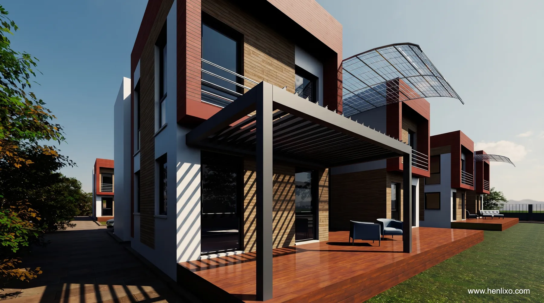 Aluminum privacy panels on a modern facade